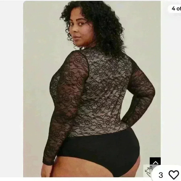 Torrid Bodysuit Black Lace Lined Stretch Long Sleeve Scoop Neck - Picture 2 of 9